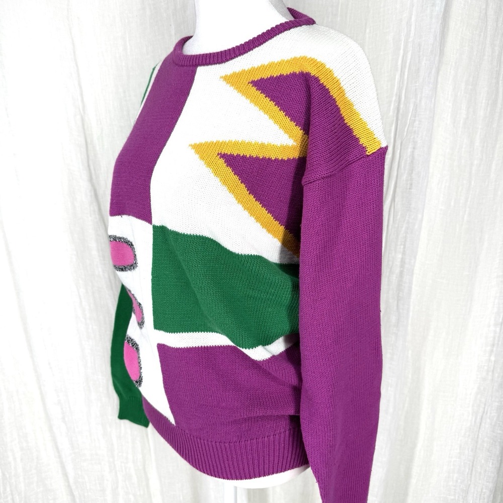 Vintage 80s Intarsia Knit Sweater Womens M Retro Quirky Maximalist Dopamine Boxy - Picture 3 of 8